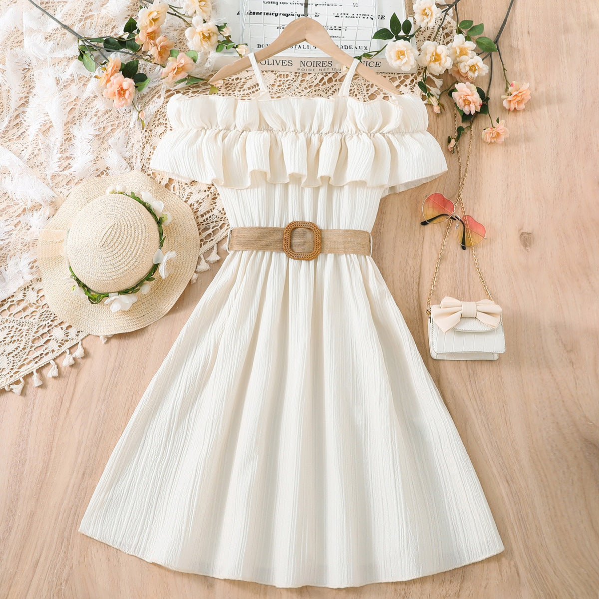 Girls' Summer One-Shoulder Lace Dress in Multi-Colors
