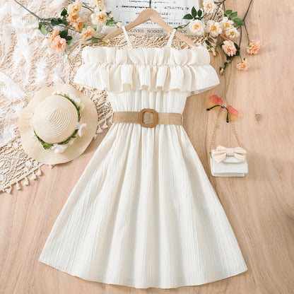 Girls' Summer One-Shoulder Lace Dress in Multi-Colors