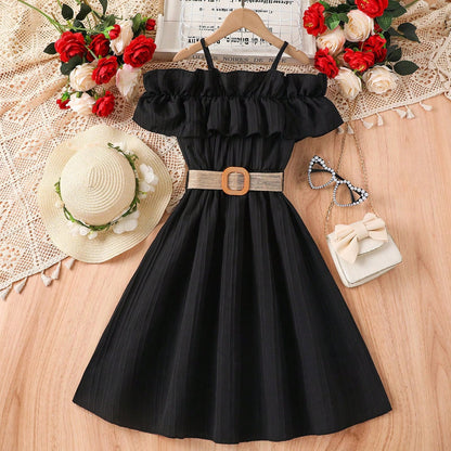 Girls' Summer One-Shoulder Lace Dress in Multi-Colors