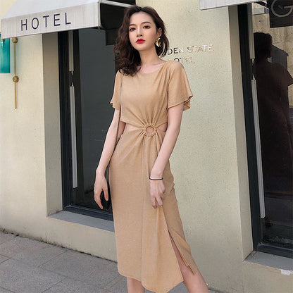Cut-Out Knitted Dress with Short Sleeves for Women