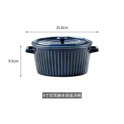 Nordic Double-Handle Ceramic Soup Salad Bowl with Lid