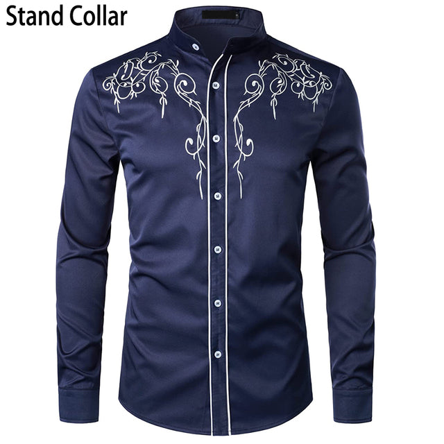 Slim Fit Western Denim Long Sleeve Embroidered Shirt
