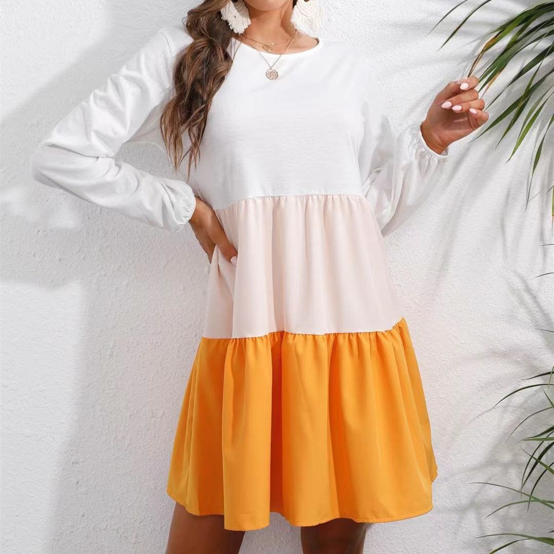 Contrast Color Long-sleeved Round Neck Dress