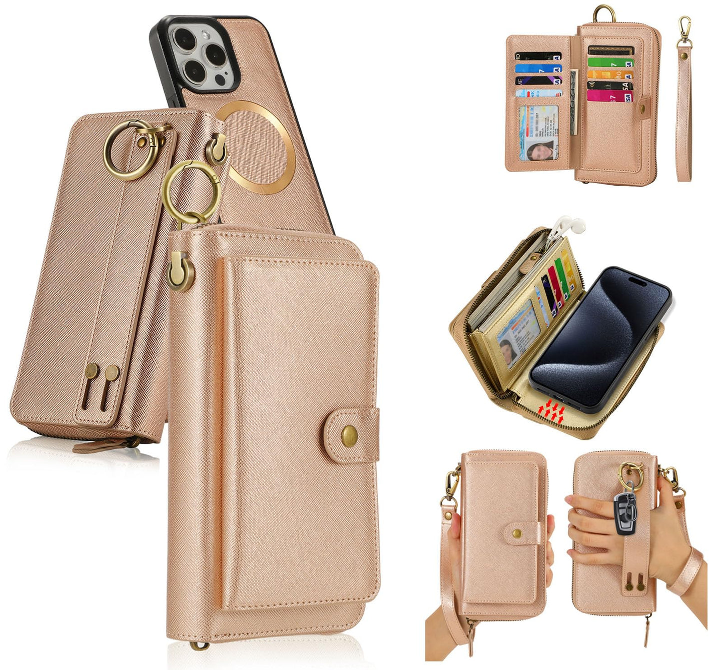 LITOU Compatible with iPhone 16 Pro Phone Case Wallet for Women MenDetachable MagneticRFID Blocking Card HolderWristlets Zipper Leather Flip Wallet Case for iPhone 16 Pro.RG