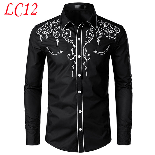 Slim Fit Western Denim Long Sleeve Embroidered Shirt