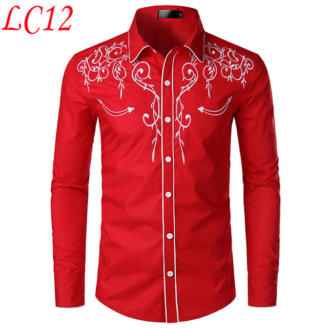 Slim Fit Western Denim Long Sleeve Embroidered Shirt