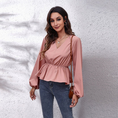 Solid Color V-neck Long-sleeve Chiffon Shirt for Women