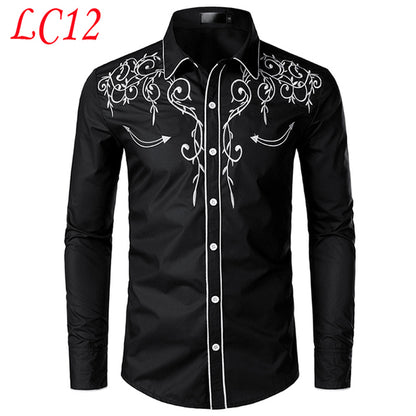Slim Fit Western Denim Long Sleeve Embroidered Shirt