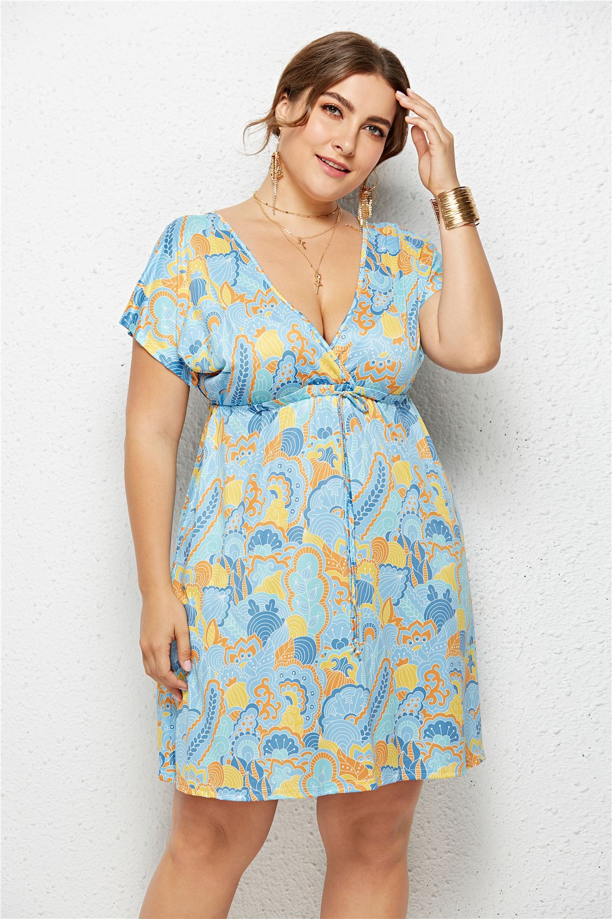 Deep V-Neck Dress with Elastic Waist