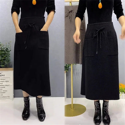 Autumn Wool Knit Long Skirt with Pockets