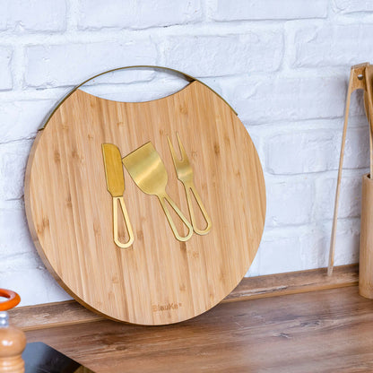 Bamboo Cheese Board and Knife Set with Magnetic Cutlery Storage - 13 inch Round Charcuterie Board
