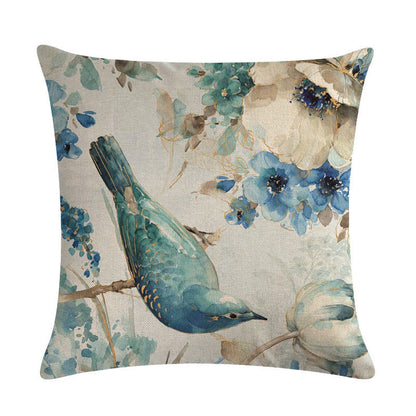 Blue Style Oil Painting Bird and Flower Pillow Custom