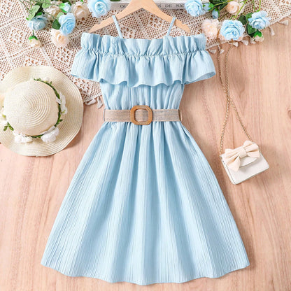 Girls' Summer One-Shoulder Lace Dress in Multi-Colors