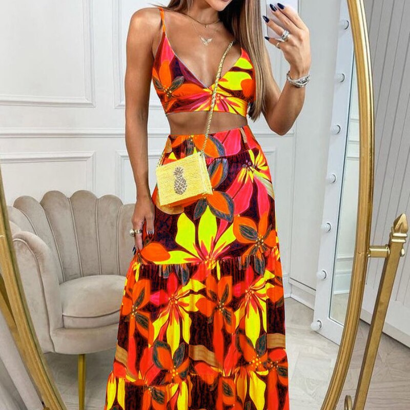 Floral V-Neck Maxi Dress Two-Piece Set for Women