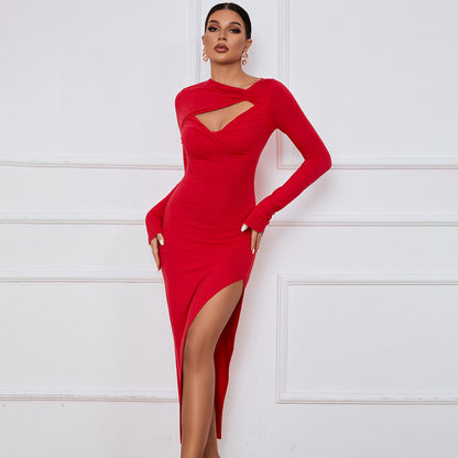 Women's Maxi Dress with Long Sleeves and Slit