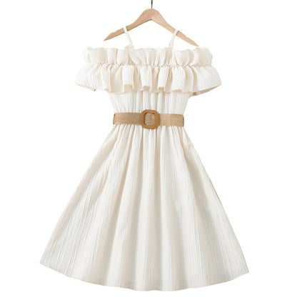 Girls' Summer One-Shoulder Lace Dress in Multi-Colors