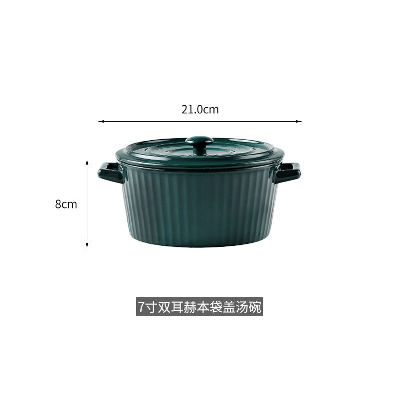 Nordic Double-Handle Ceramic Soup Salad Bowl with Lid