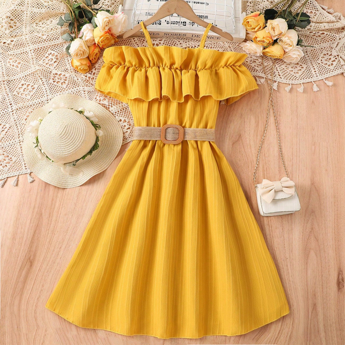 Girls' Summer One-Shoulder Lace Dress in Multi-Colors