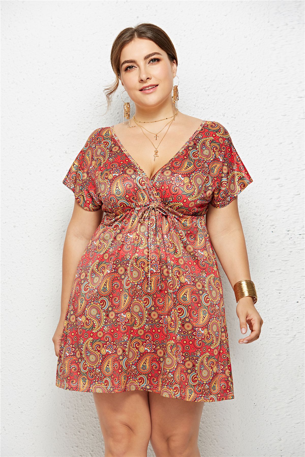 Deep V-Neck Dress with Elastic Waist