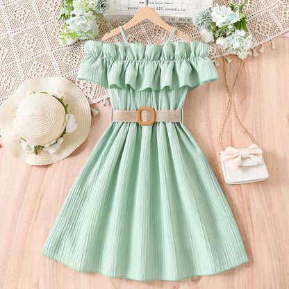 Girls' Summer One-Shoulder Lace Dress in Multi-Colors