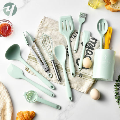 10-Piece Silicone Kitchen Utensil Set with Storage Bucket