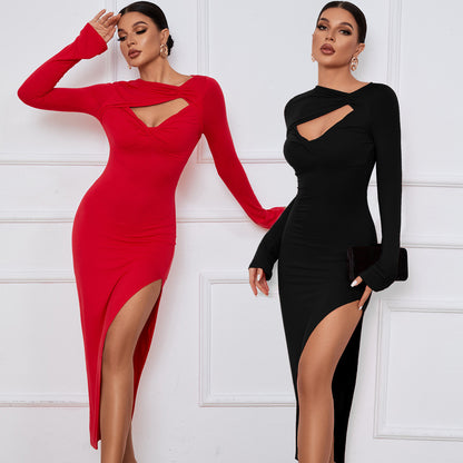Women's Maxi Dress with Long Sleeves and Slit