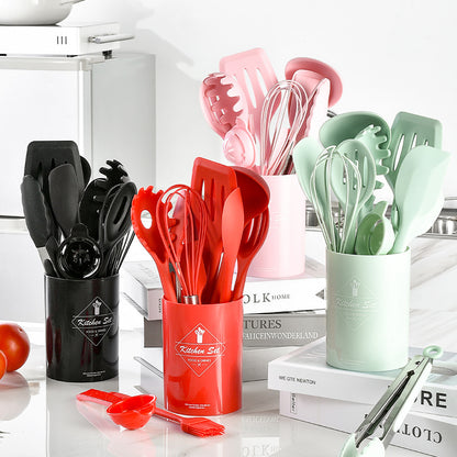 10-Piece Silicone Kitchen Utensil Set with Storage Bucket