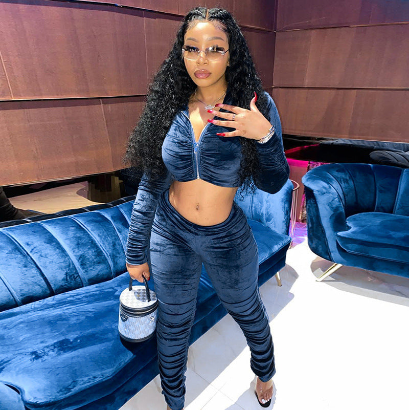 Chic Velvet Hooded Crop & Pleated Pants Set