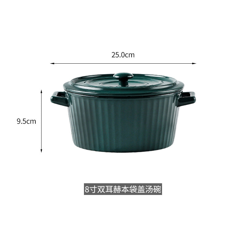 Nordic Double-Handle Ceramic Soup Salad Bowl with Lid