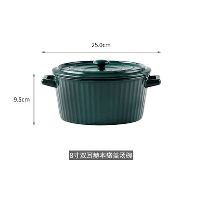 Nordic Double-Handle Ceramic Soup Salad Bowl with Lid
