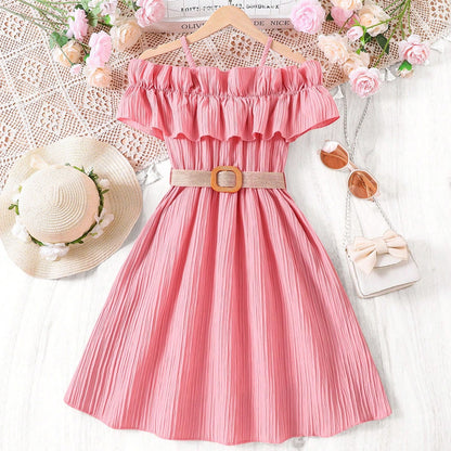 Girls' Summer One-Shoulder Lace Dress in Multi-Colors