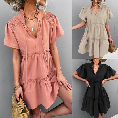 Pleated Tie V-neck Lace Dress