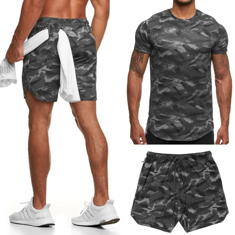 Two-Piece Camouflage Short-Sleeved Fitness Suit