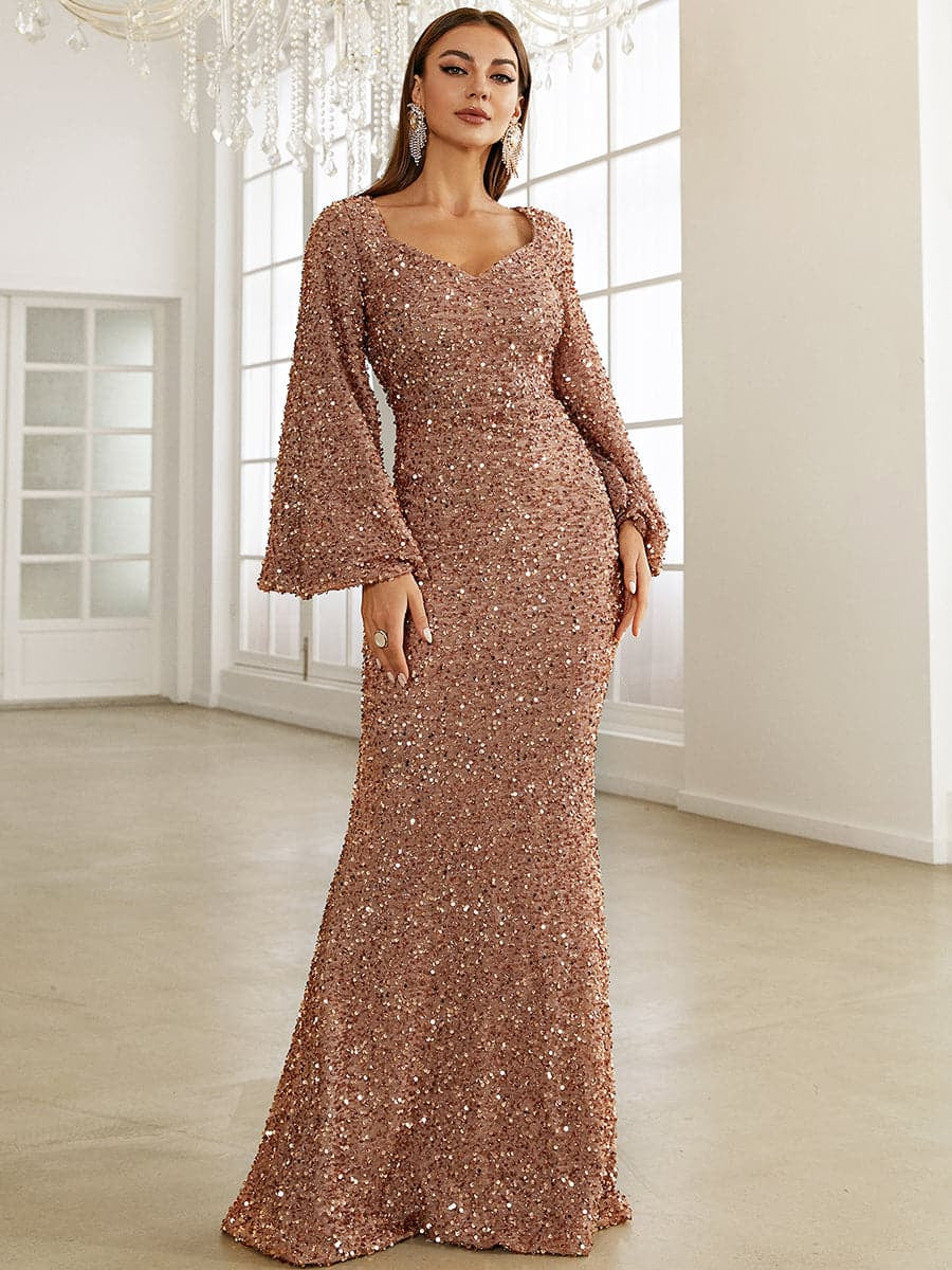 V-neck Sequined Flared Sleeve Dress