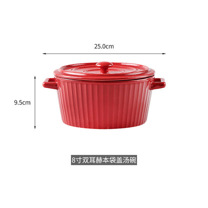 Nordic Double-Handle Ceramic Soup Salad Bowl with Lid
