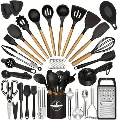 Wooden-Handle Silicone Kitchen Tool Set