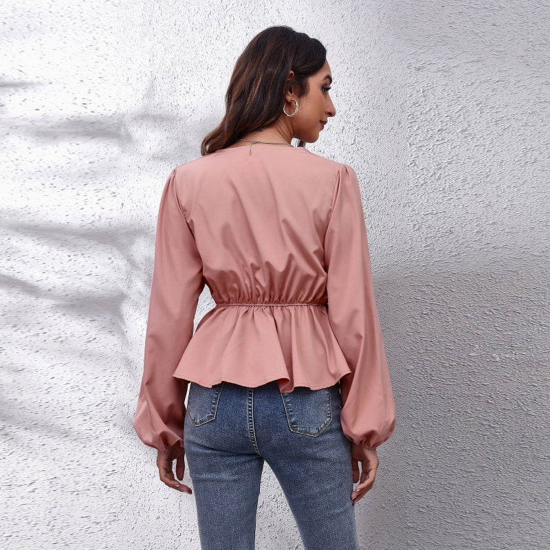 Solid Color V-neck Long-sleeve Chiffon Shirt for Women