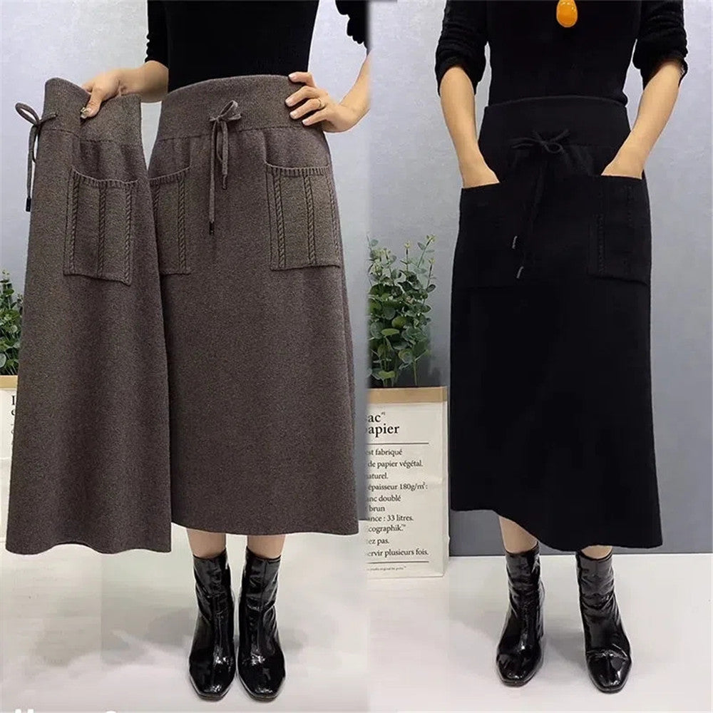 Autumn Wool Knit Long Skirt with Pockets