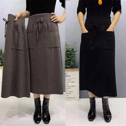 Autumn Wool Knit Long Skirt with Pockets